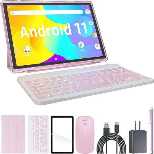 Tablet 2 in 1 Tablet with Keyboard Case Mouse Stylus Touch Screen Protector Film, 10 Inch Tablet Android 11.0 Tablets PC, 10.1" HD Tab 6000Mah Battery 32GB+512GB Expandable Tableta Computer Pink