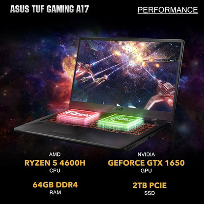 TUF A17 Laptop, 17.3" 144Hz FHD Gaming Laptop, AMD Ryzen 5 4600H, NVIDIA Geforce GTX 1650, 64GB RAM, 2TB Pcie SSD, RGB Backlit Keyboard, Windows 11, Bonfire Black, with 32GB USB Card